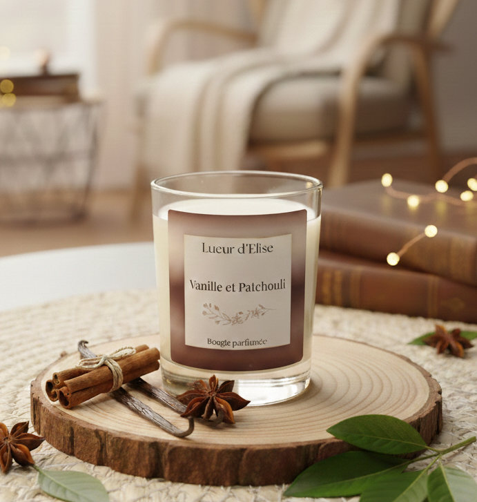 Bougie parfumée vanille et patchouli. En cire végétale et parfum de Grasse. Bougie artisanale