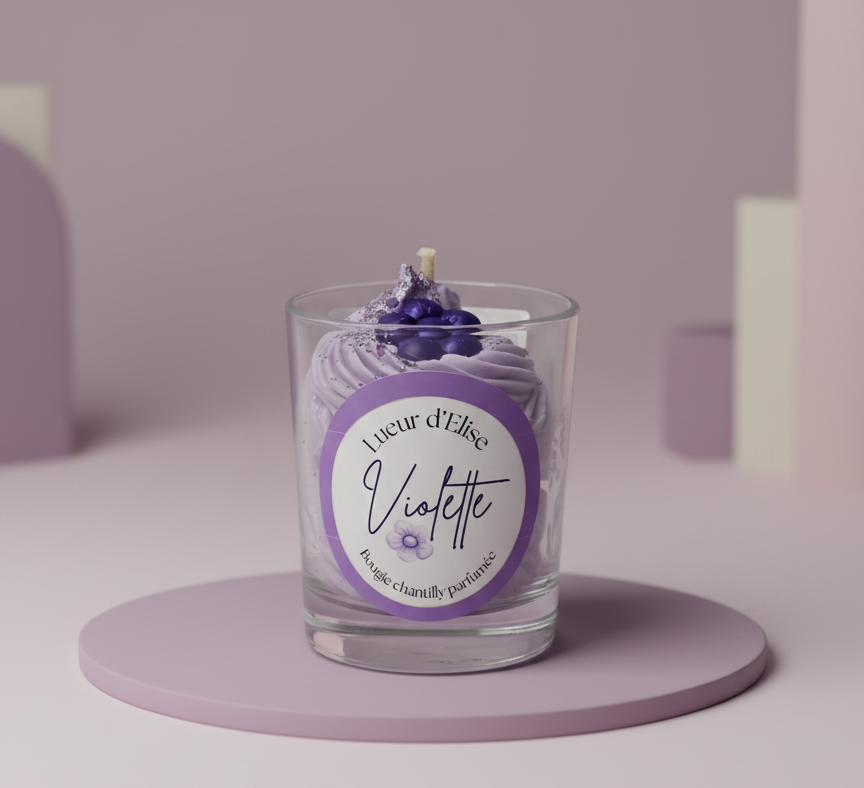 Bougie chantilly artisanale parfumée à la violette, parfum de Grasse poudré, bougie trompe l'oeil fabriquée à la main